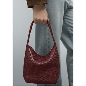 Massimo Dutti Cowhide Nappa Leather Woven Bordeaux Burgundy Bucket Hobo Handbag